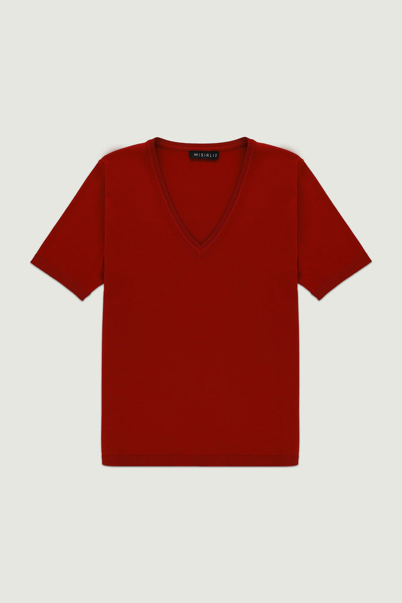 Bordo V Yaka Triko Kadın T-Shirt  Mısırlı