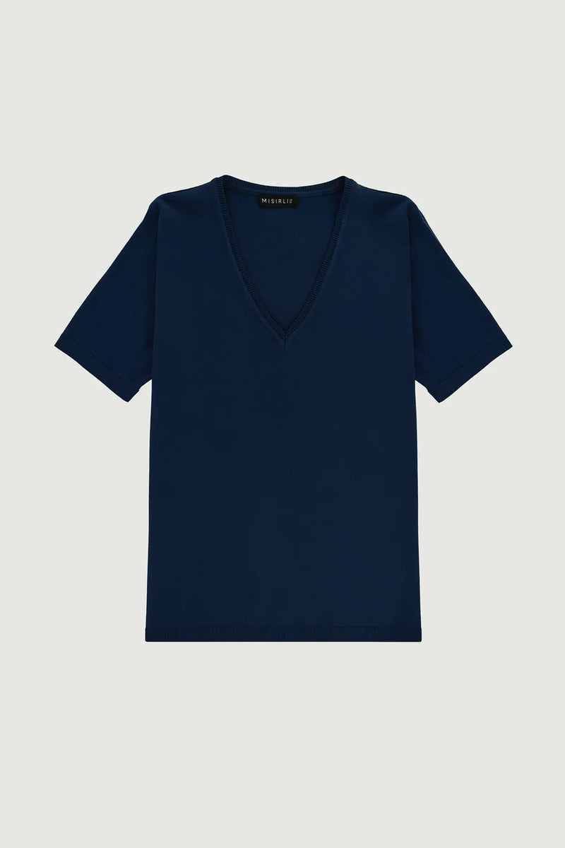 Lacivert V Yaka Triko Kadın T-Shirt