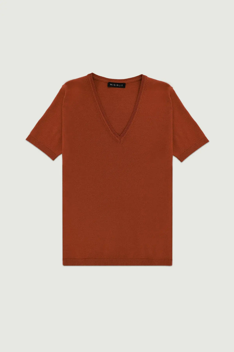 Kızıl Kil V Yaka Triko Kadın T-Shirt