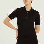 Siyah Polo Yaka Çiçek Düğmeli Kadın T-Shirt  Mısırlı