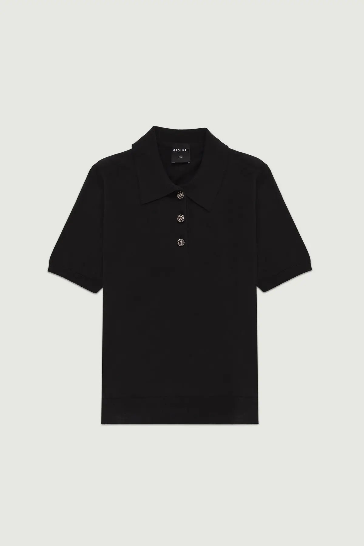 Siyah Polo Yaka Çiçek Düğmeli Kadın T-Shirt  Mısırlı