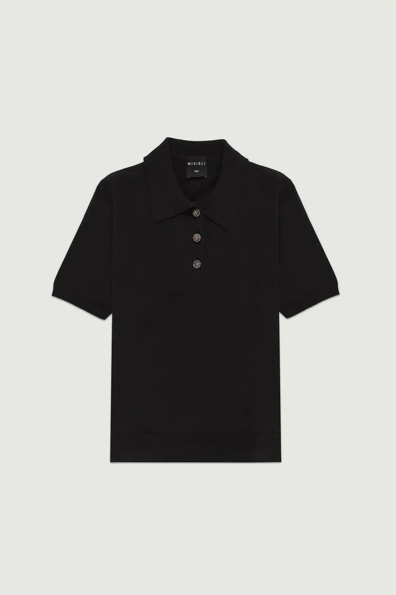 Siyah Polo Yaka Çiçek Düğmeli Kadın T-Shirt