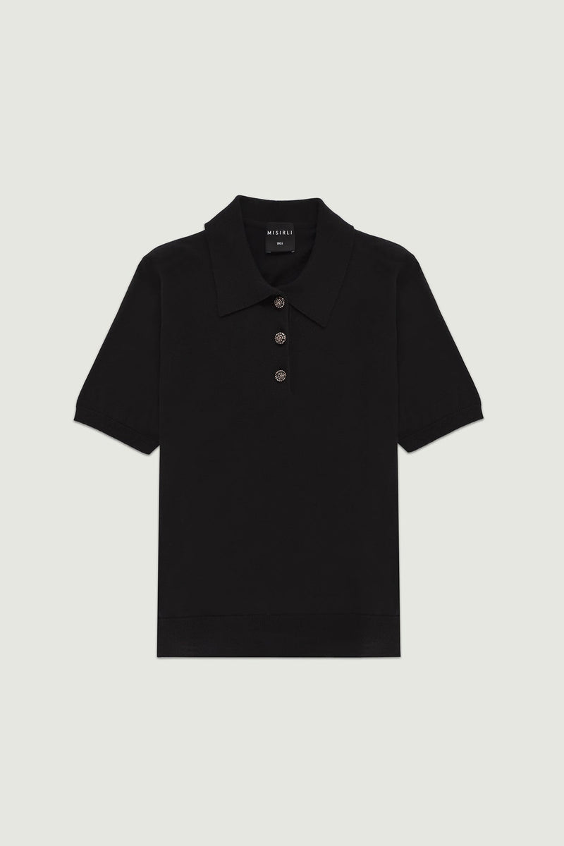 Siyah Polo Yaka Çiçek Düğmeli Kadın T-Shirt  Mısırlı