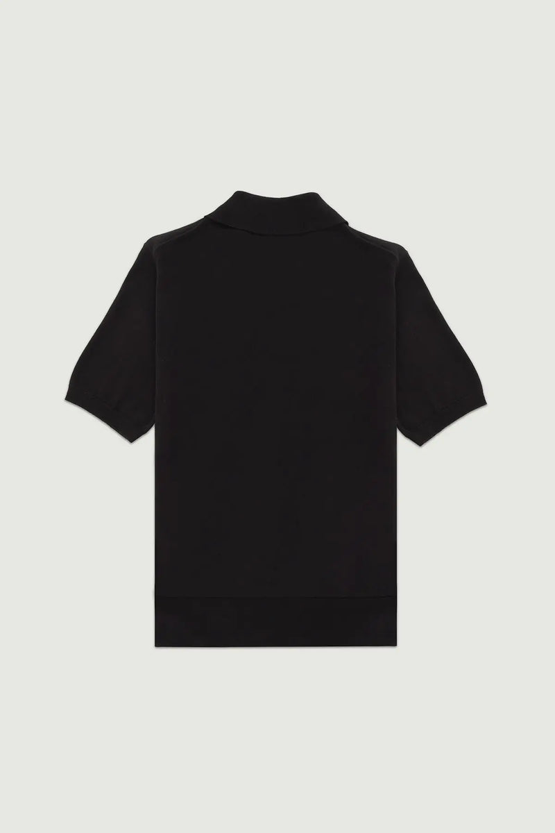 Siyah Polo Yaka Çiçek Düğmeli Kadın T-Shirt