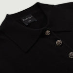 Siyah Polo Yaka Çiçek Düğmeli Kadın T-Shirt  Mısırlı