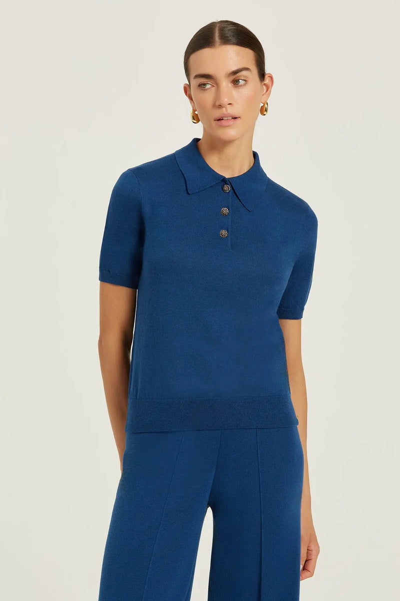 Lacivert Polo Yaka Çiçek Düğmeli Kadın T-Shirt  Mısırlı
