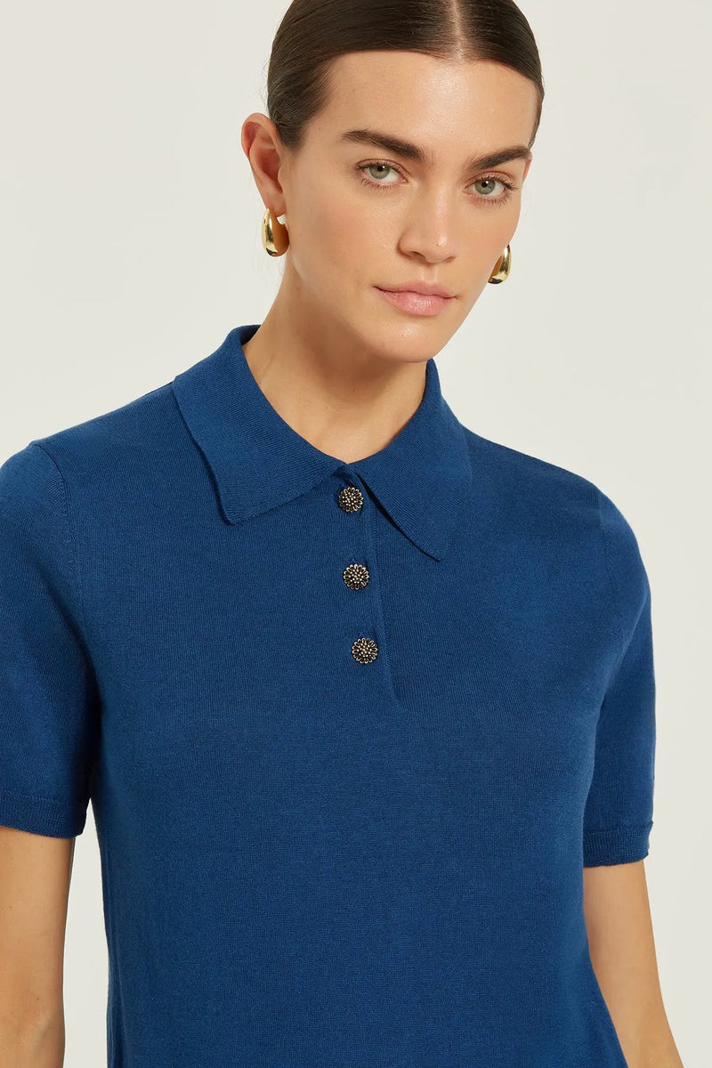 Lacivert Polo Yaka Çiçek Düğmeli Kadın T-Shirt  Mısırlı