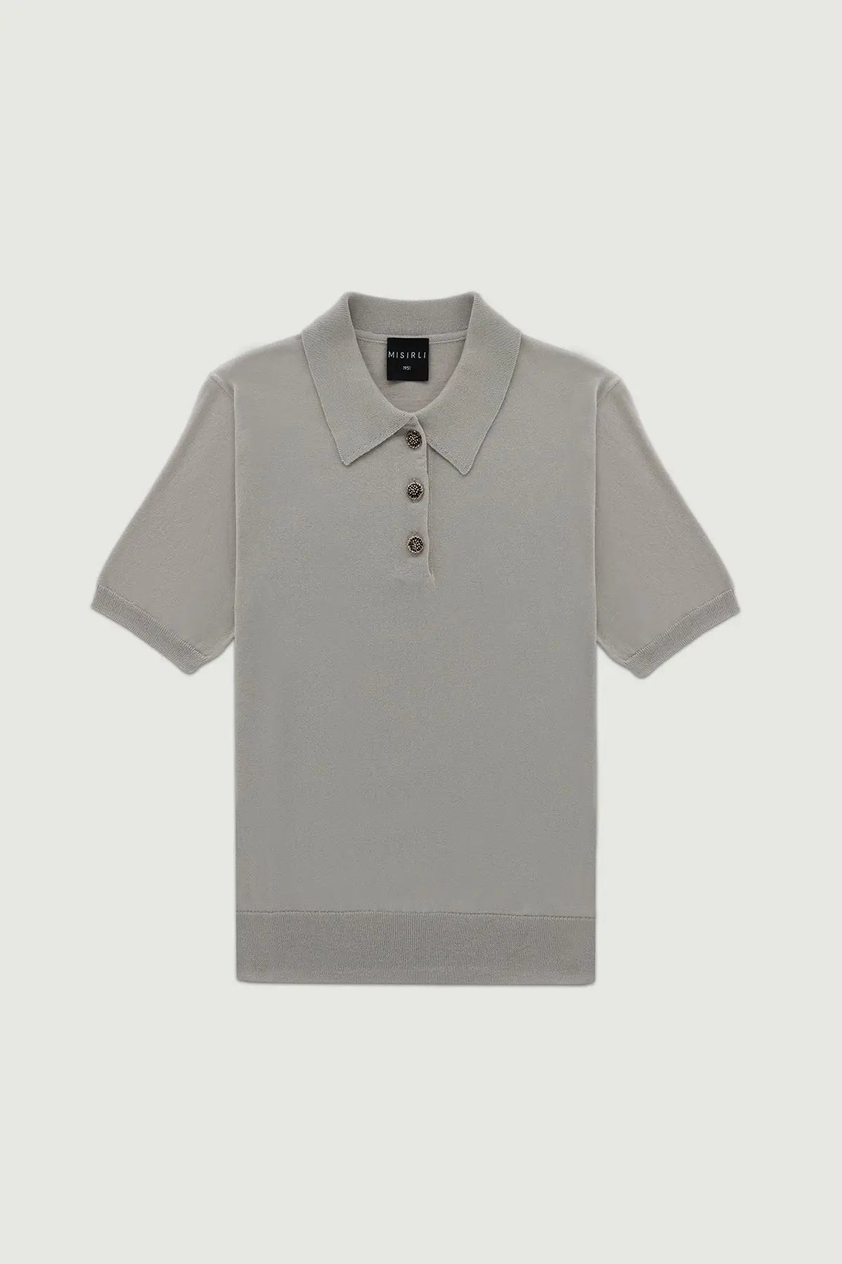 Açık Gri Polo Yaka Çiçek Düğmeli Kadın T-Shirt  Mısırlı