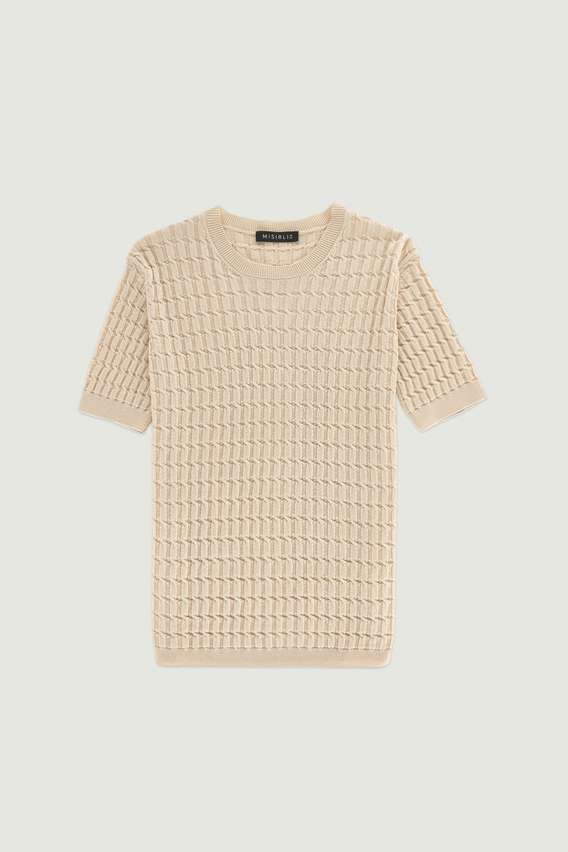 Bej Örgü Dokulu Kadın T-Shirt  Mısırlı