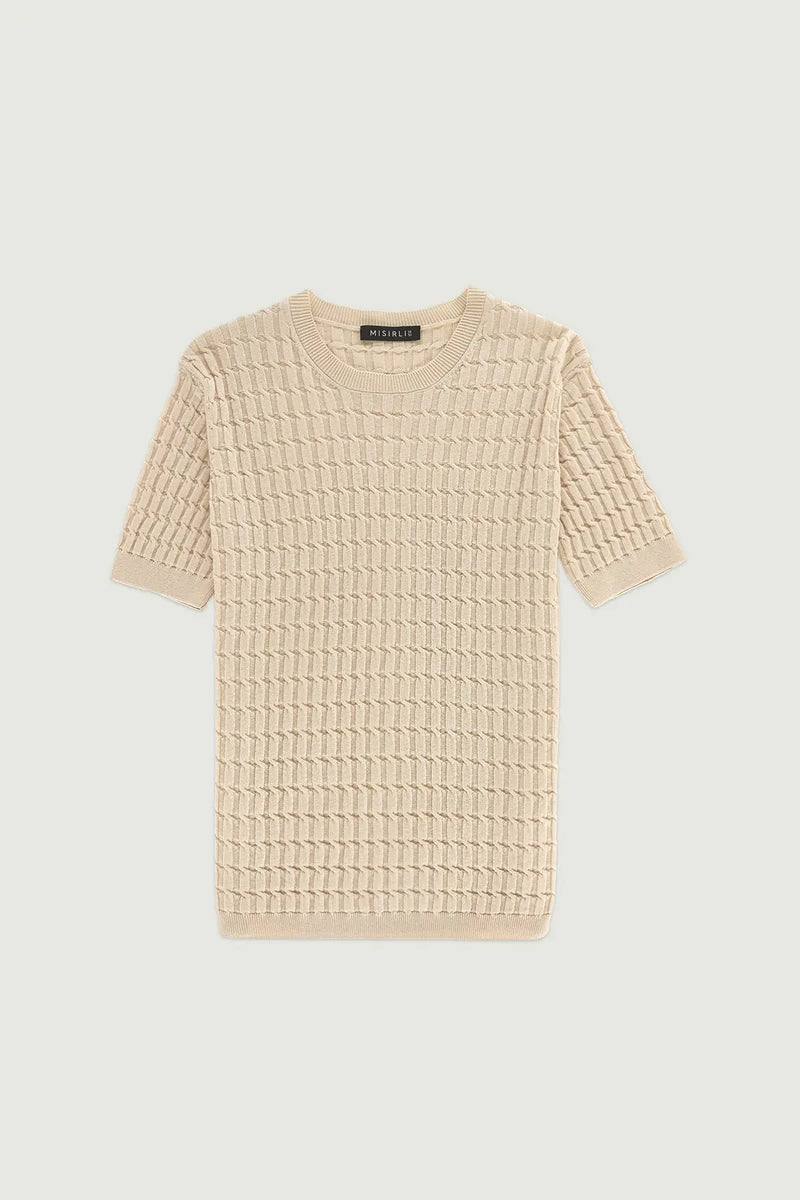 Bej Örgü Dokulu Kadın T-Shirt