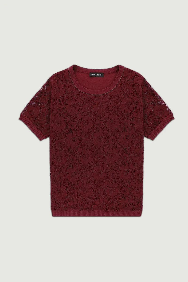 Bordo Dantel Detaylı Kısa Kollu Bluz
