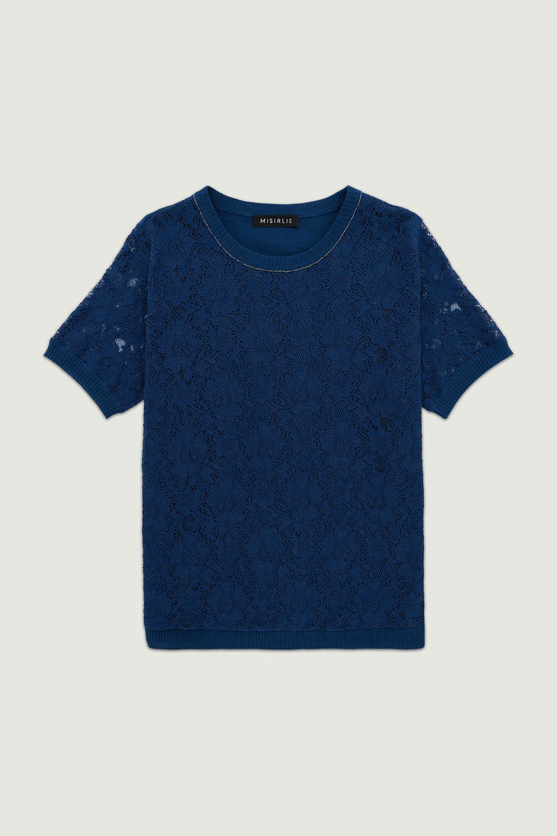 Lacivert Dantel Detaylı Kısa Kollu Bluz