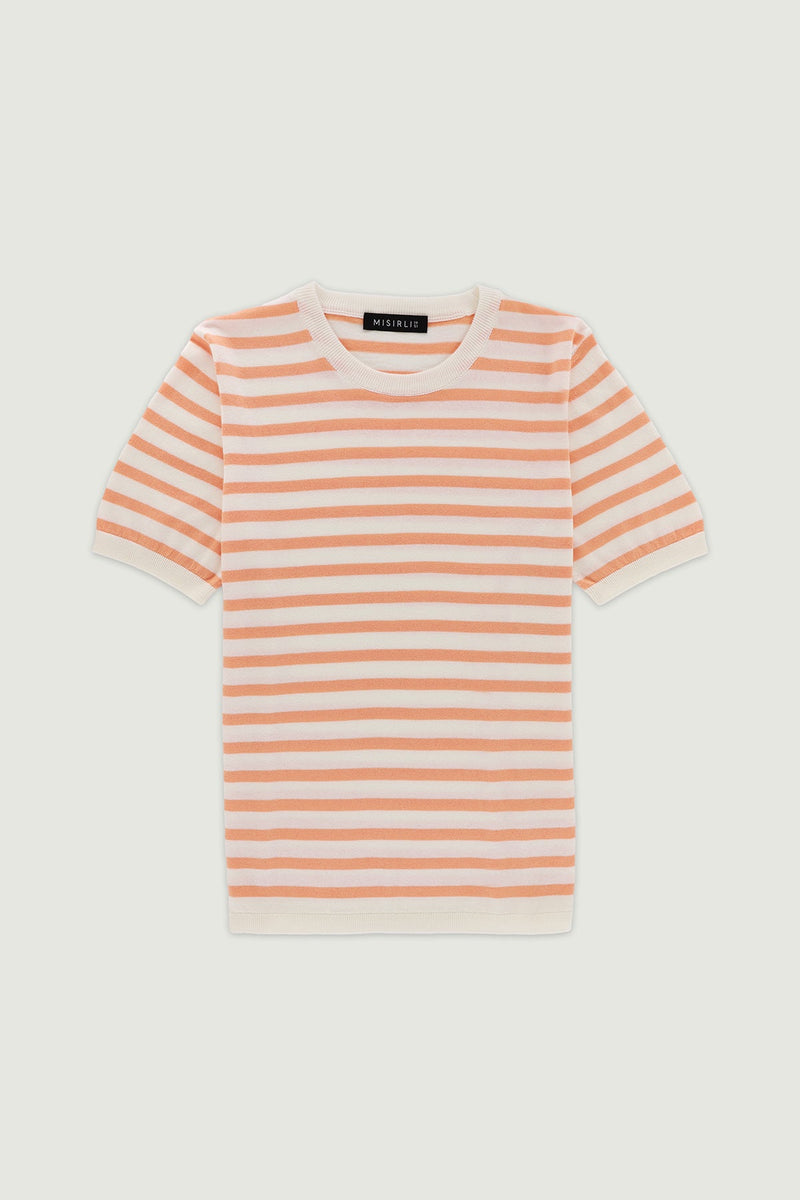 Ekru Şeftali Çizgili Kadın T-Shirt