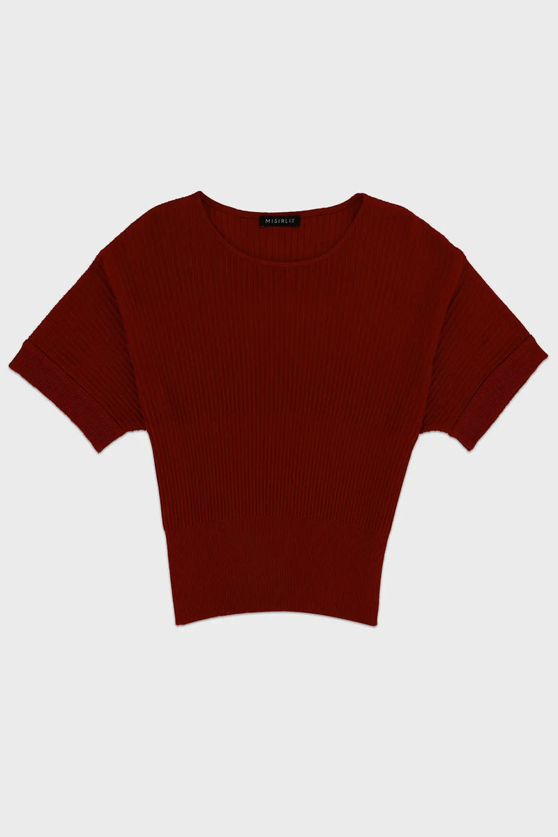 Bordo Nervür Çizgili Yarasa Kol Bluz