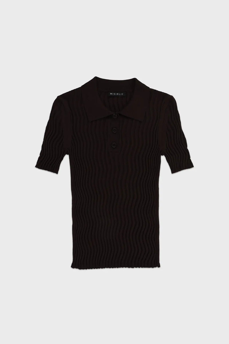 Acı Kahve Polo Yaka Dalga Desenli Kadın T-Shirt
