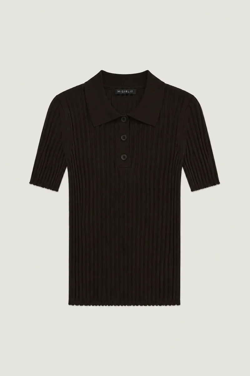 Acı Kahve Polo Yaka Dalga Desenli Kadın T-Shirt