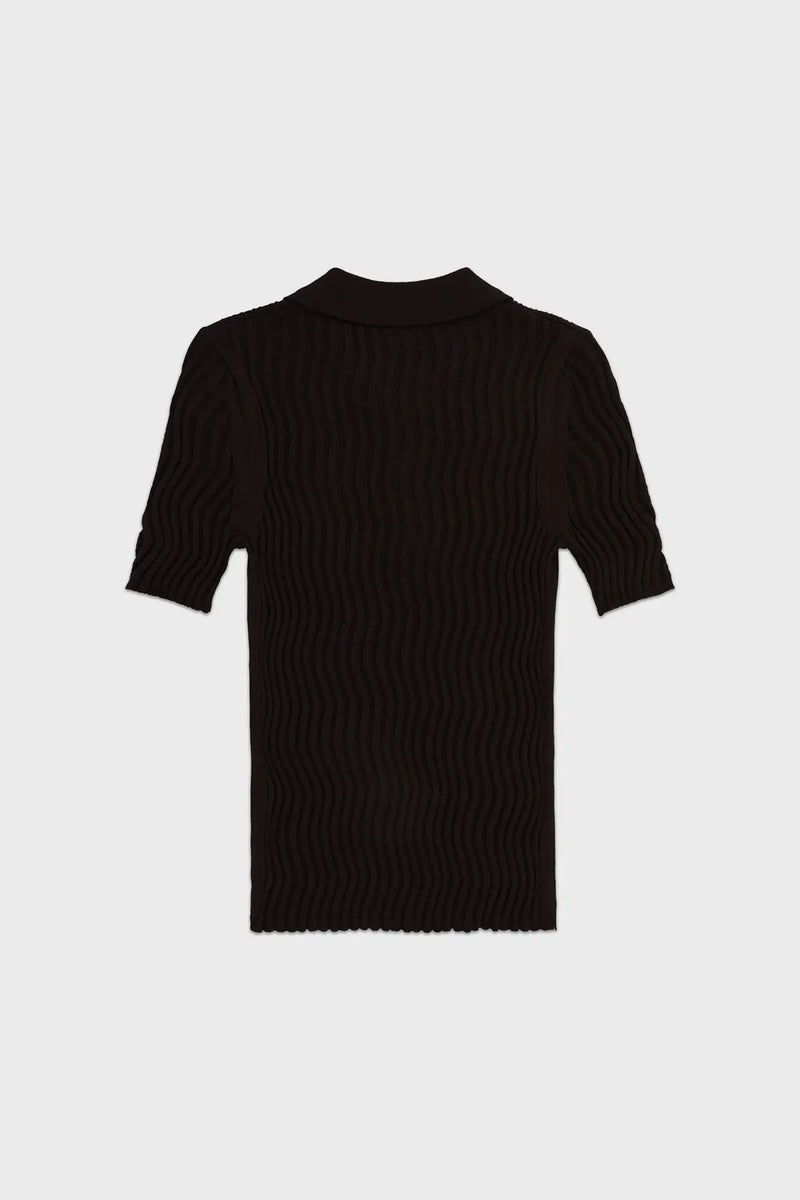 Acı Kahve Polo Yaka Dalga Desenli Kadın T-Shirt