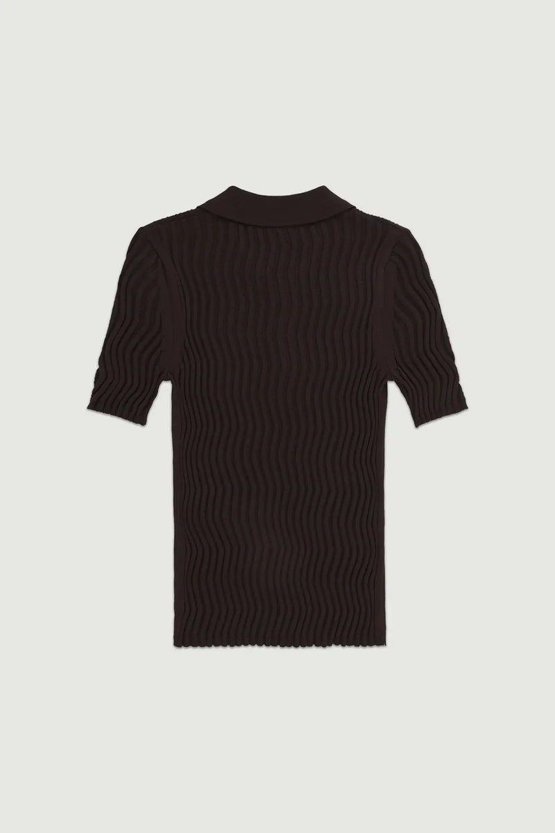 Acı Kahve Polo Yaka Dalga Desenli Kadın T-Shirt