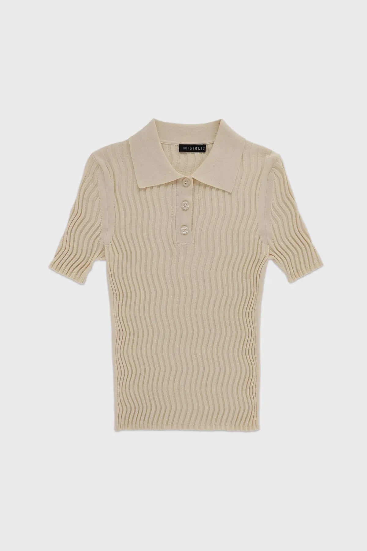 Bej Polo Yaka Dalga Desenli Kadın T-Shirt  Mısırlı