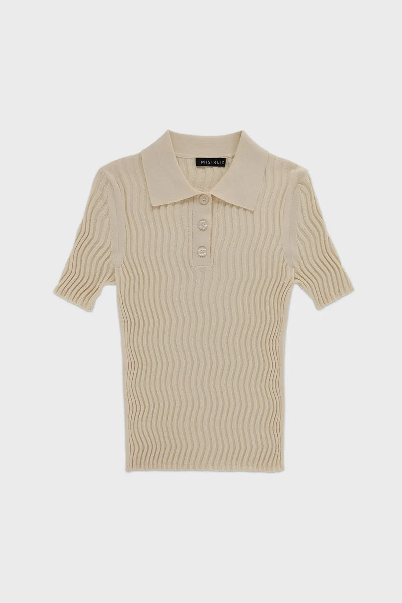 Bej Polo Yaka Dalga Desenli Kadın T-Shirt