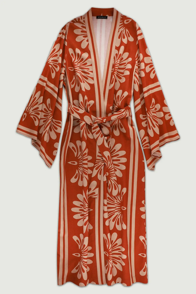Kahverengi Bej Kuşak Detaylı Kadın Kaftan