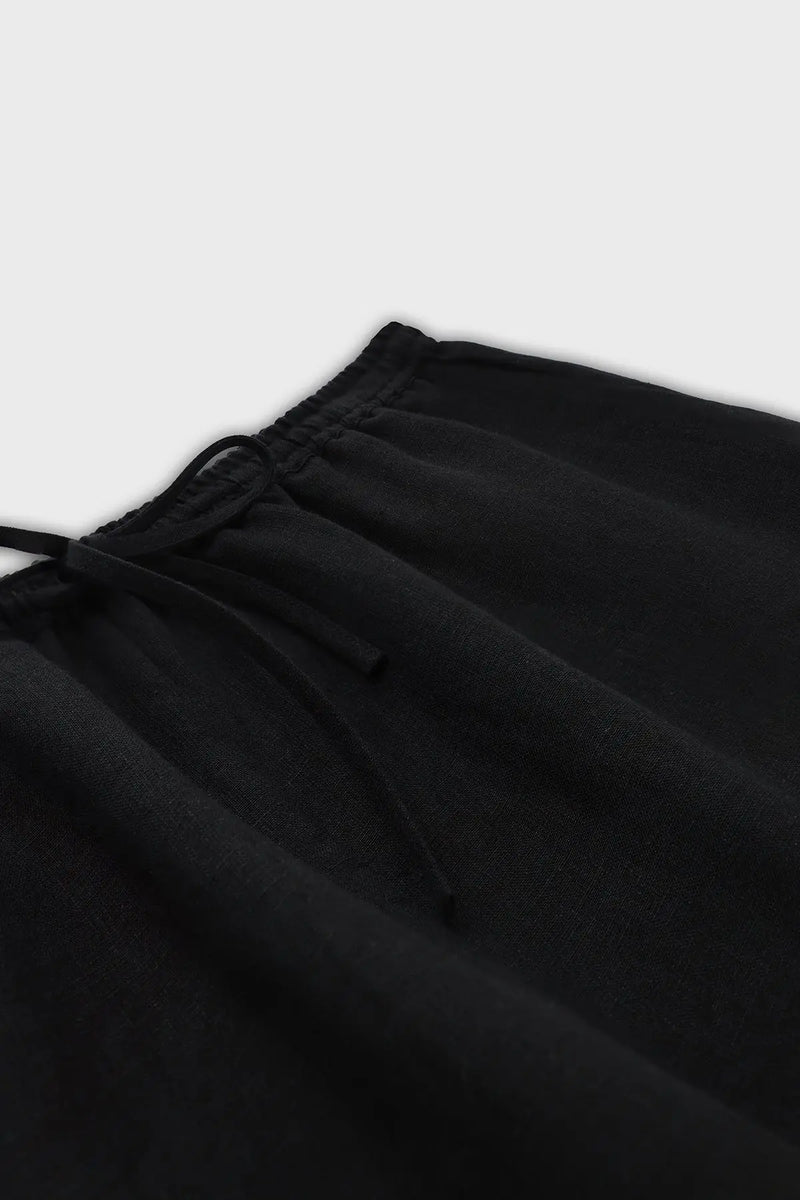 Siyah Beli Bağcıklı Keten Kadın Pantolon