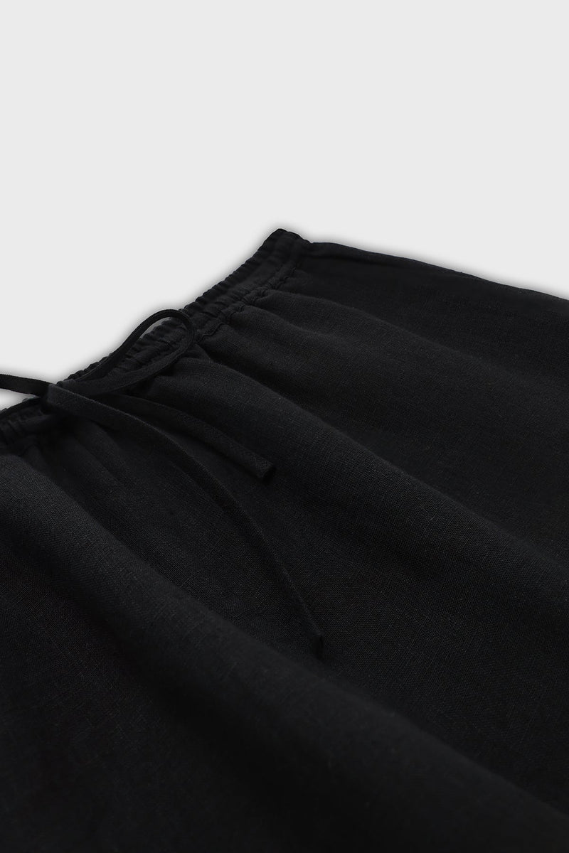 Siyah Beli Bağcıklı Keten Kadın Pantolon