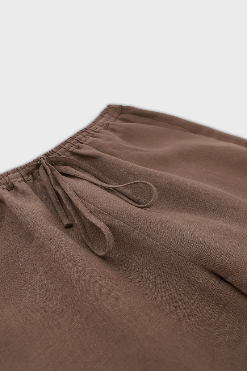 Açık Kahve Beli Bağcıklı Keten Kadın Pantolon