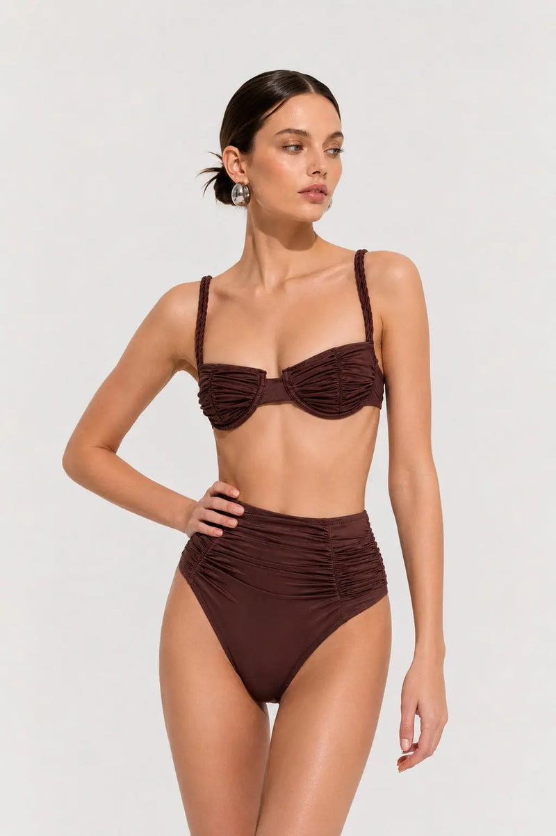 Kahve Örgü Askılı Balenli Bikini Takımı  Mısırlı