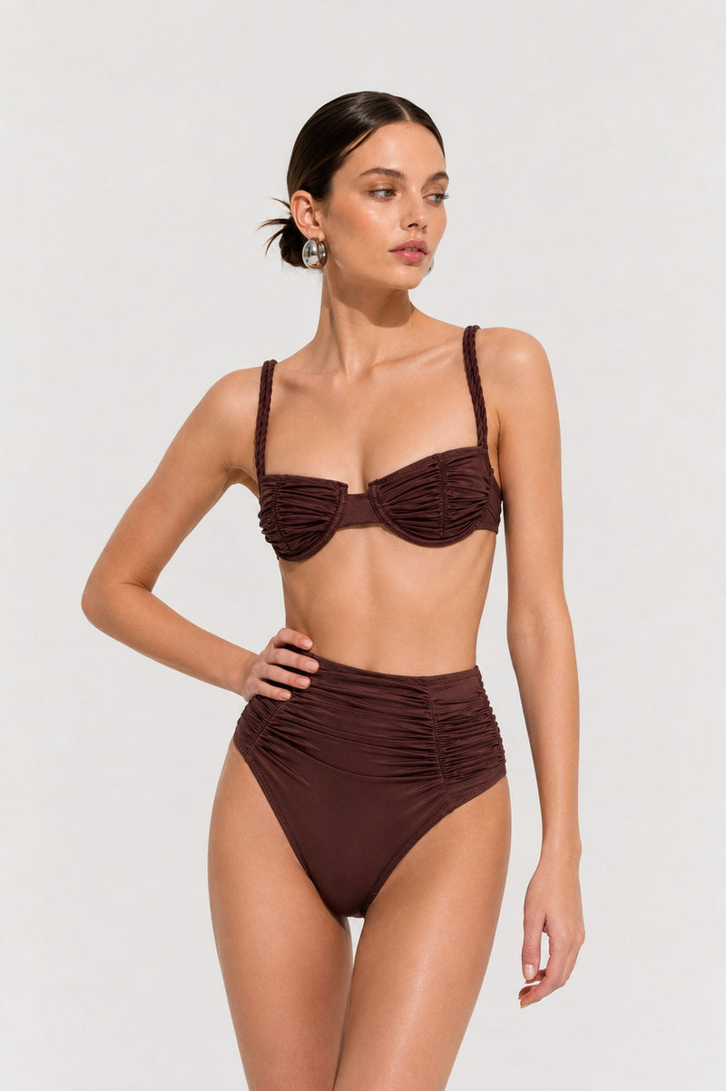 Kahve Örgü Askılı Balenli Bikini Takımı  Mısırlı