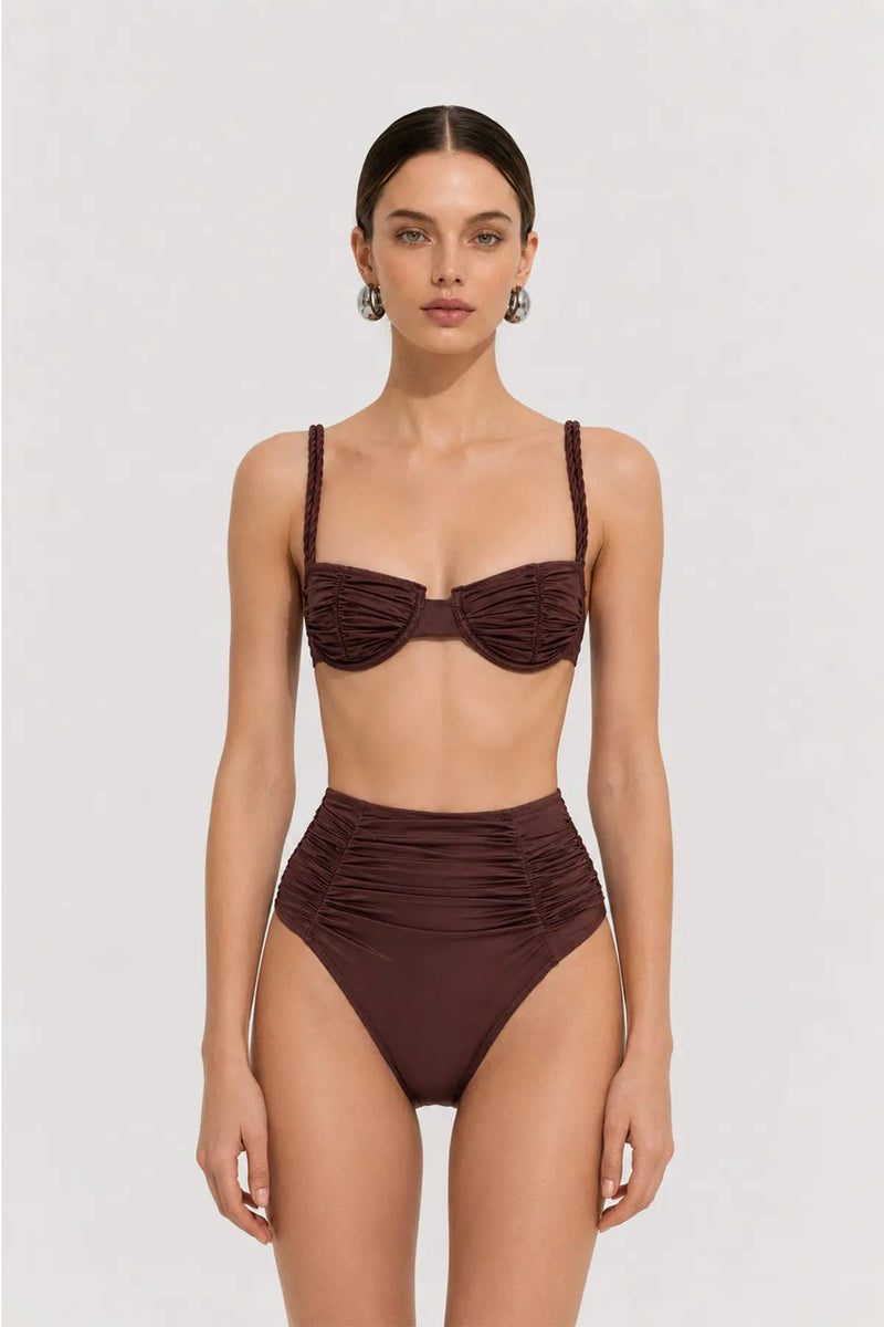 Kahve Örgü Askılı Balenli Bikini Takımı  Mısırlı