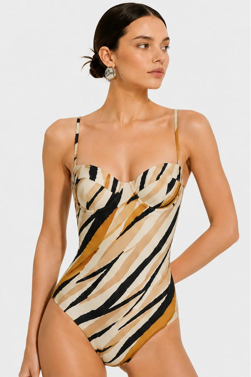 Turuncu Siyah Zebra Desenli Kadın Mayo  Mısırlı