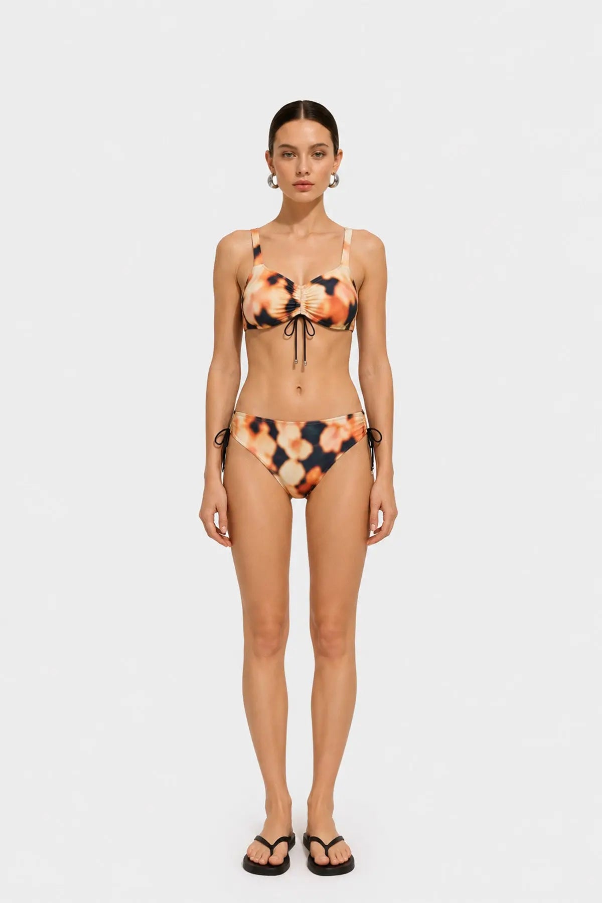 Kahve Soyut Desenli Önü Büzgülü Bikini Takımı  Mısırlı