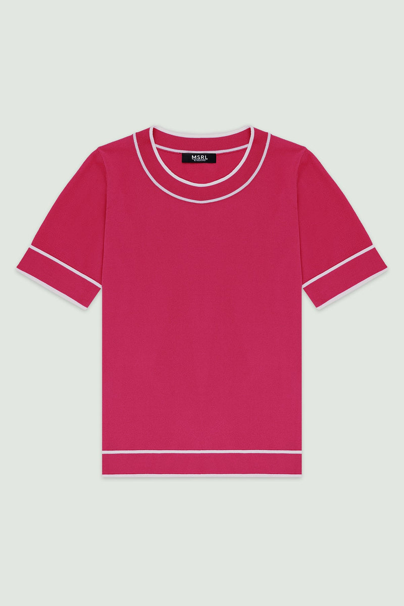 Fuşya Ekru Şeritli Kadın T-Shirt  Mısırlı