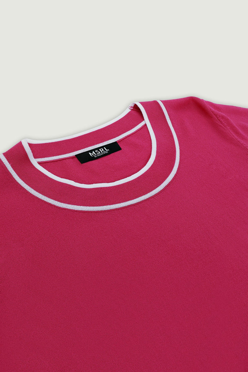 Fuşya Ekru Şeritli Kadın T-Shirt  Mısırlı