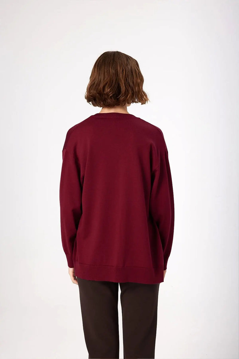 Bordo Düğmeli Basic Kadın Hırka