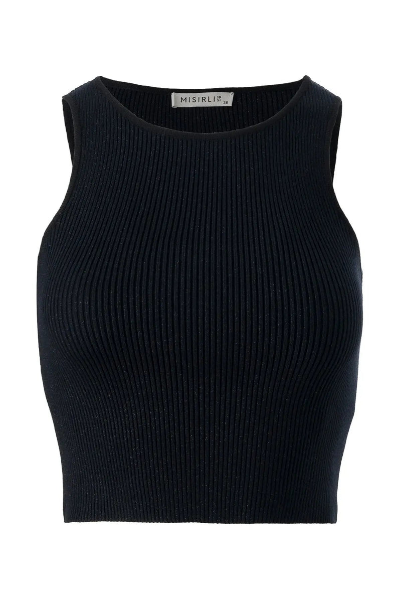 Halter Yaka Siyah Triko Crop Top  Mısırlı 1951