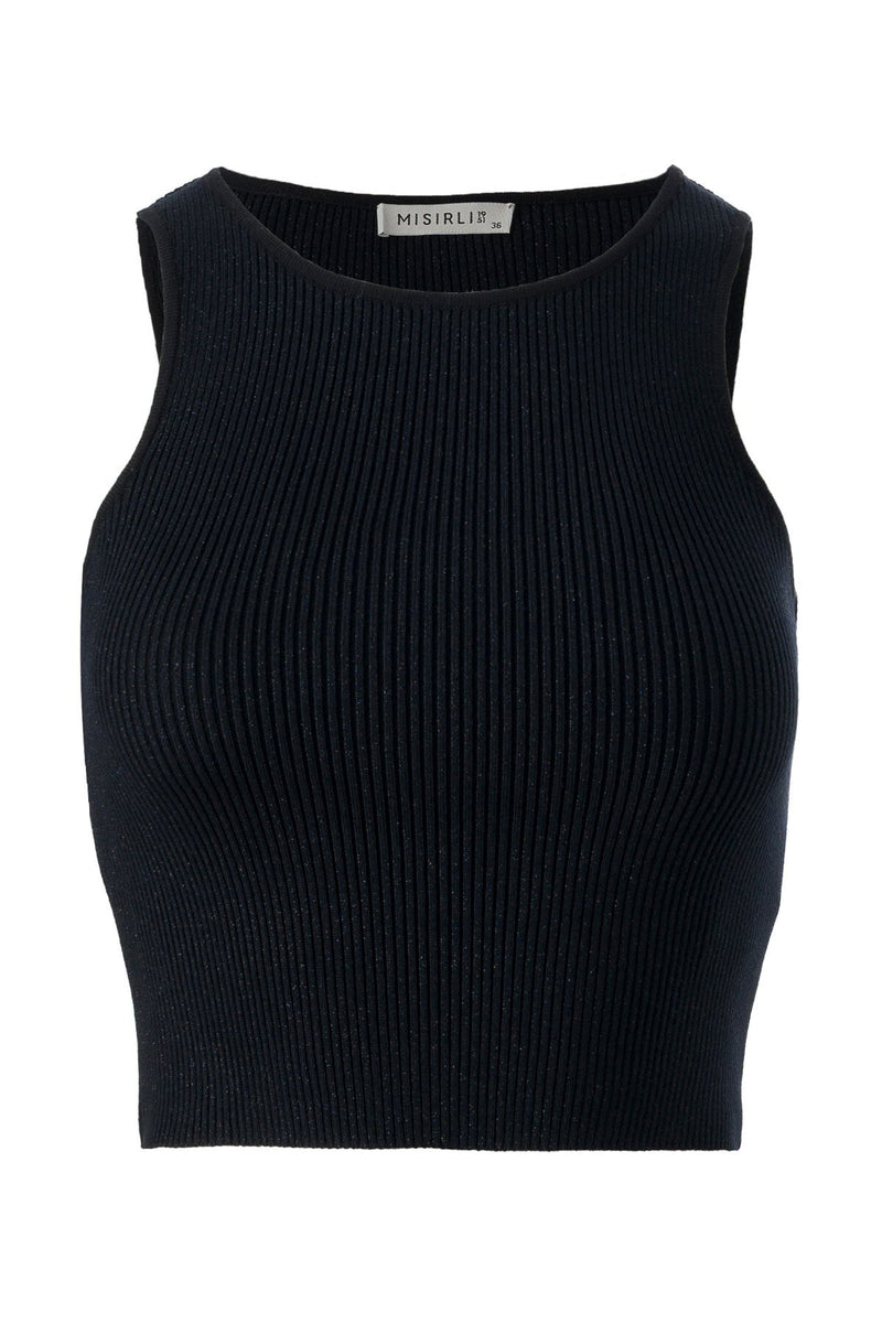 Halter Yaka Siyah Triko Crop Top  Mısırlı