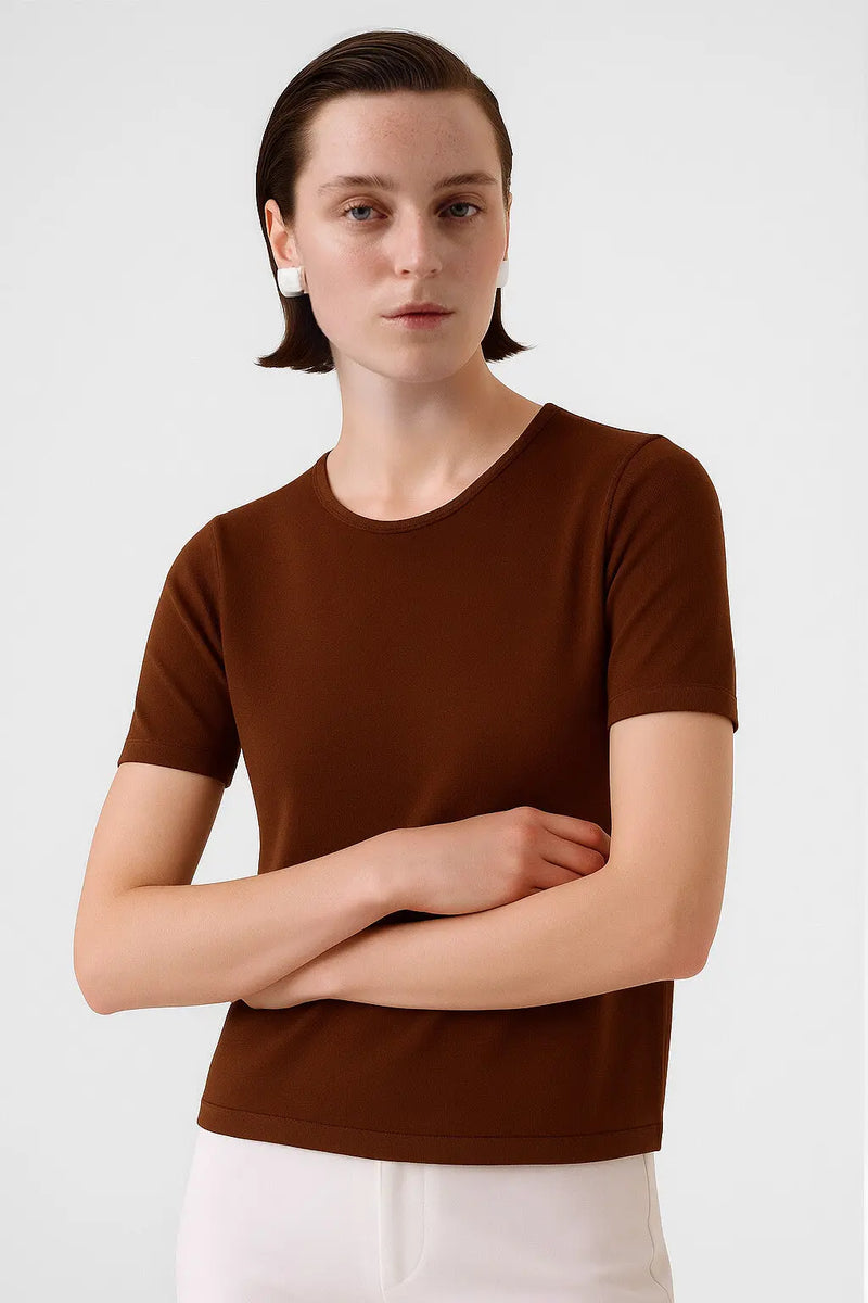 Kahverengi Bisiklet Yaka Kısa Kollu Kadın T-Shirt