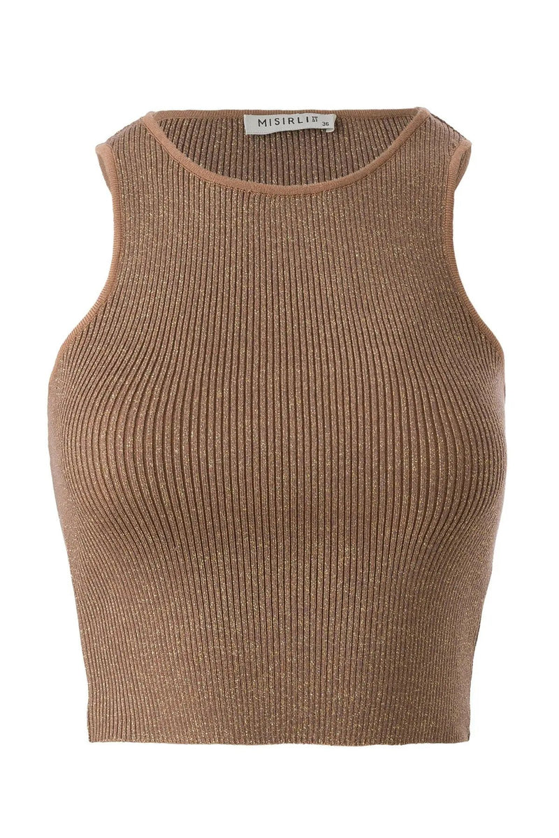 Halter Yaka Camel Triko Crop Top