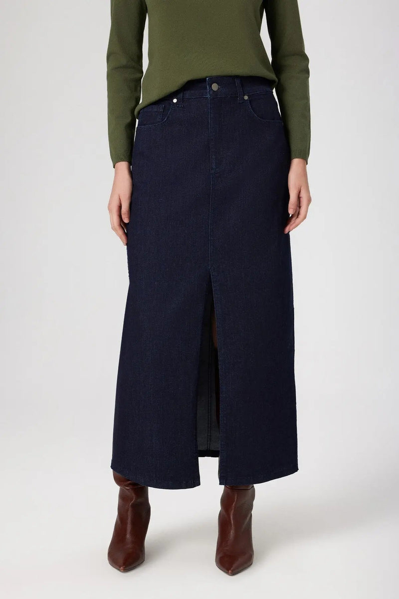 Mavi Önden Yırtmaçlı Uzun Denim Etek