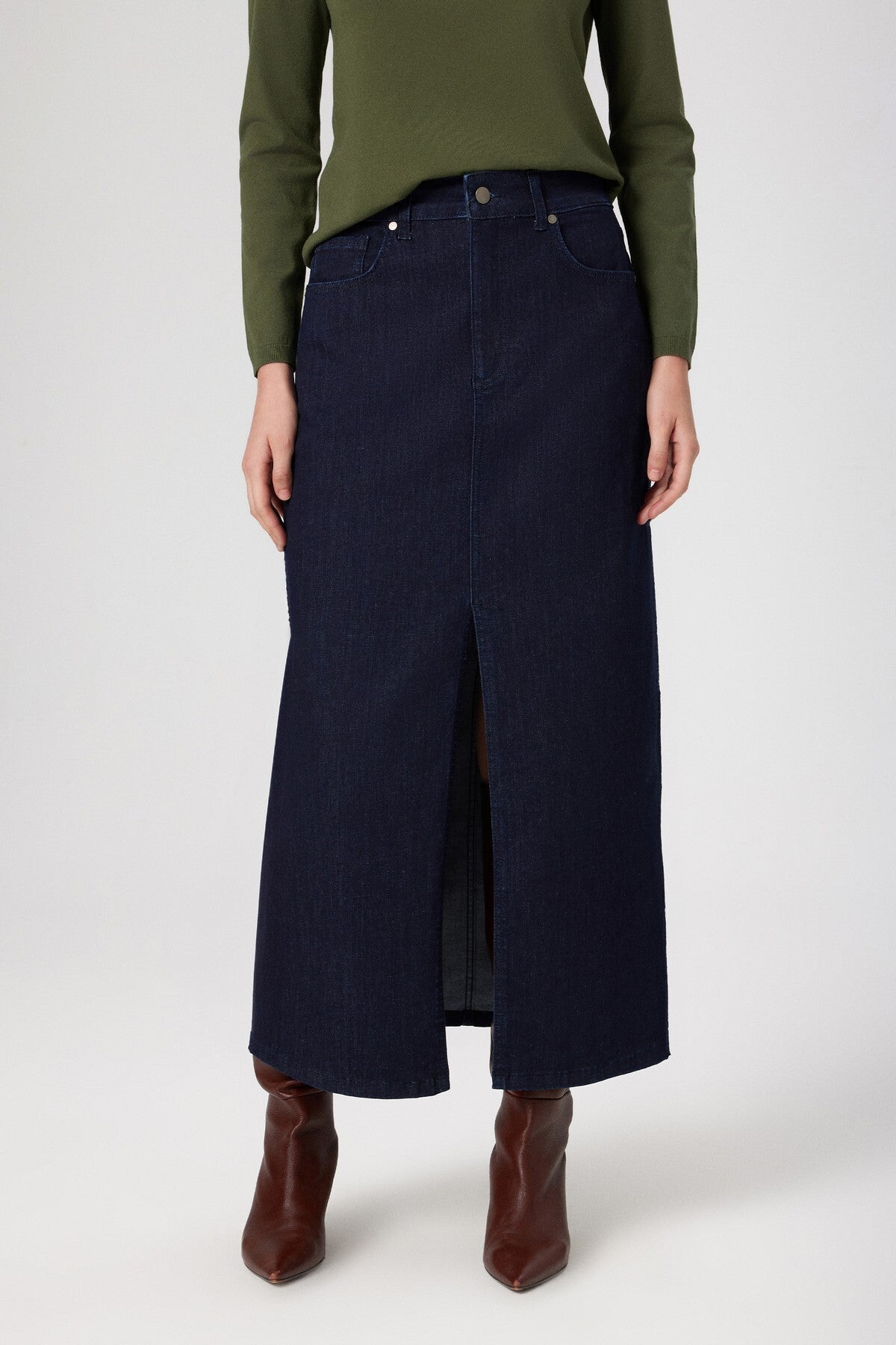 Mavi Önden Yırtmaçlı Uzun Denim Etek  Mısırlı