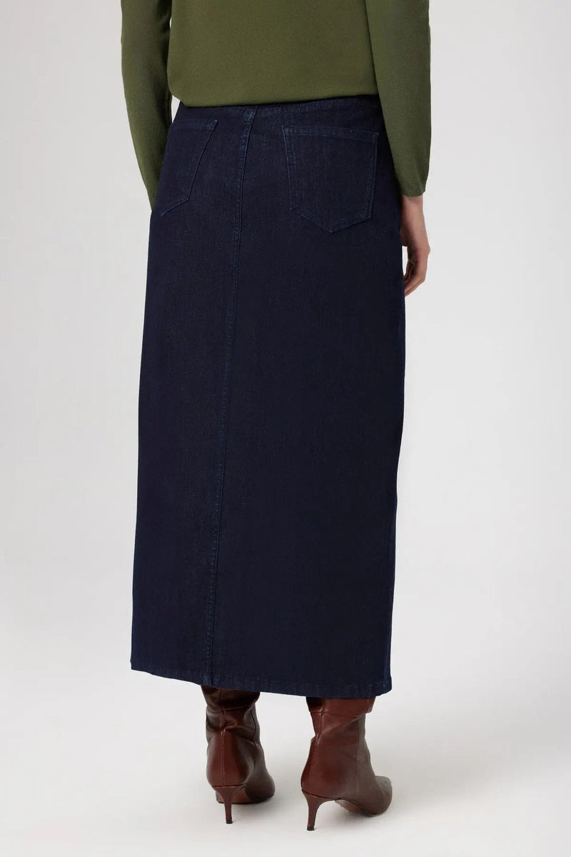 Mavi Önden Yırtmaçlı Uzun Denim Etek