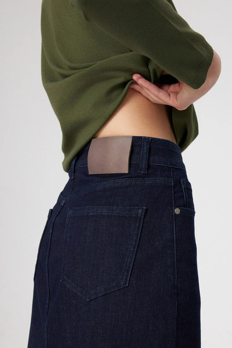Mavi Önden Yırtmaçlı Uzun Denim Etek